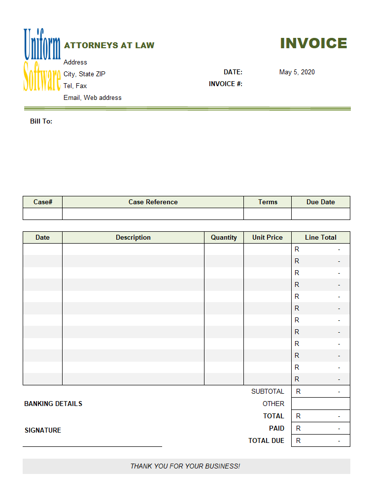 Attorney Invoice Template (South African Currency)