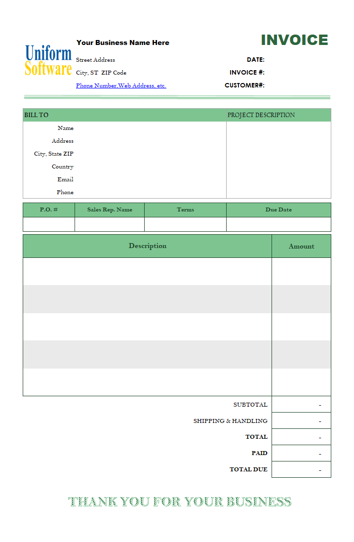 Basic Blank Service Billing Format (No-tax, Long Description)