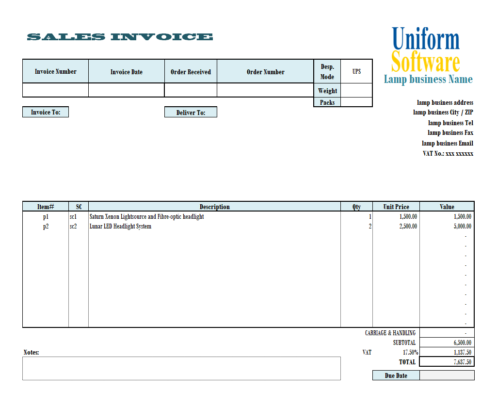 Bill Format for Lamp and Lighting Business
