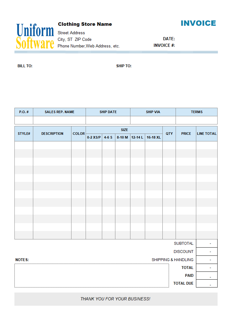 Clothing Store (Manufacturer) Invoice Template with Item Pickup Buttons