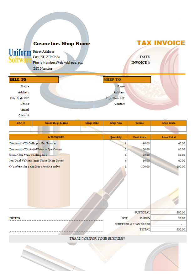 Invoicing Sample for Cosmetics Shops