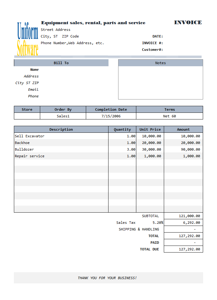 Equipment Sell and Rental Invoice