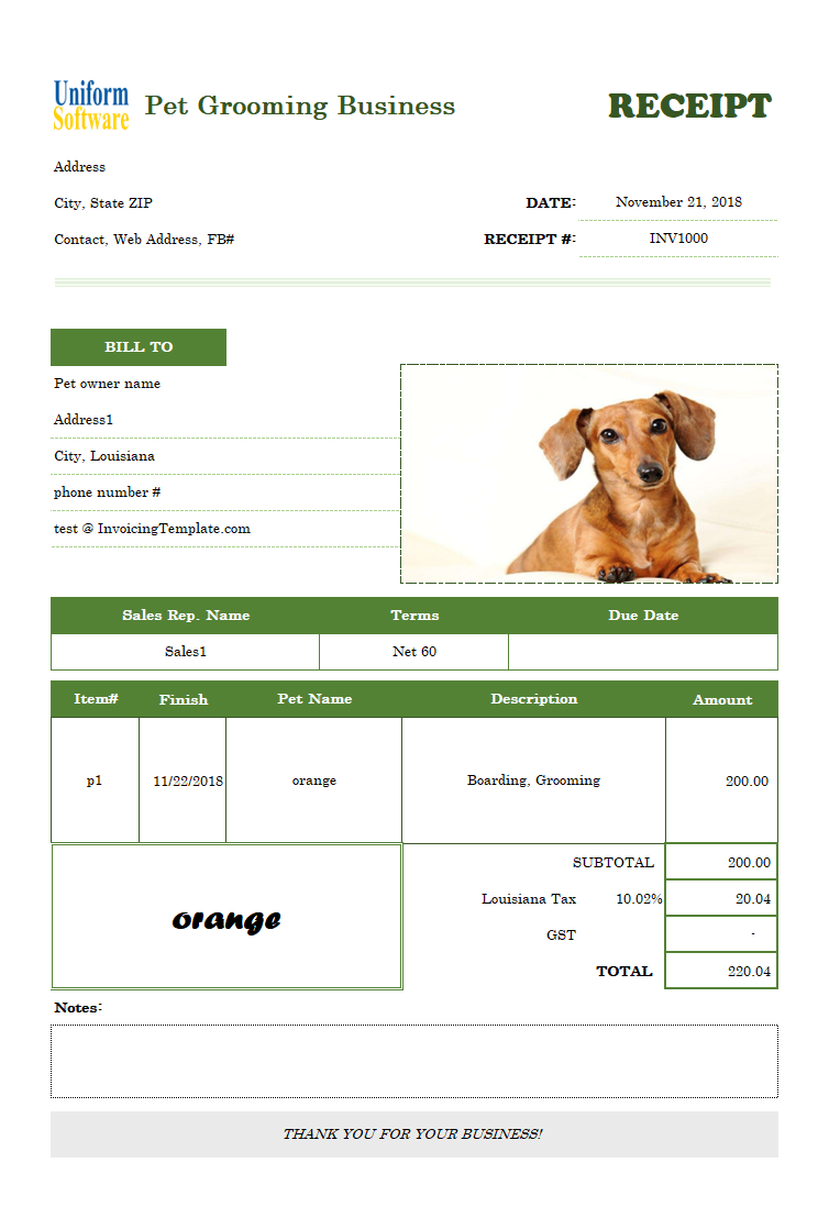 Printable Receipt Template for Pet Boarding