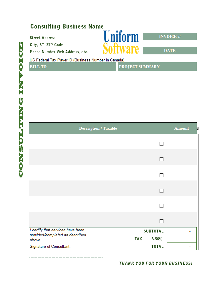 General Purchase Invoice Template (Consulting, One Tax)