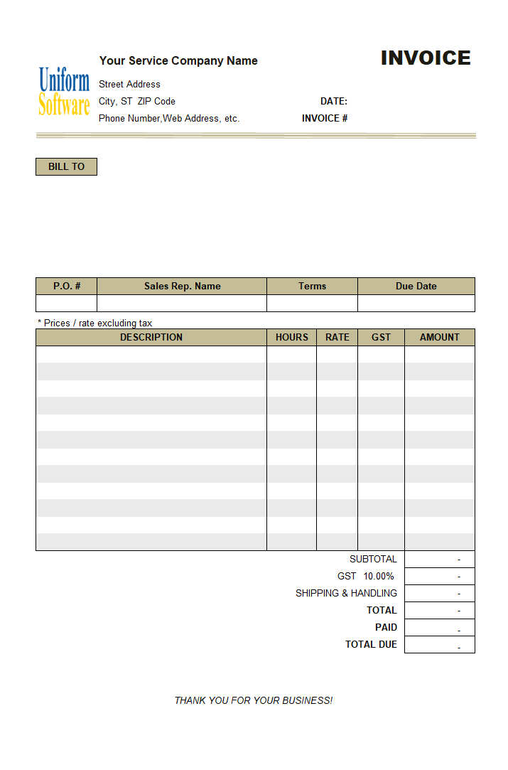 Hourly Service Invoice Template (Price Excluding Tax)