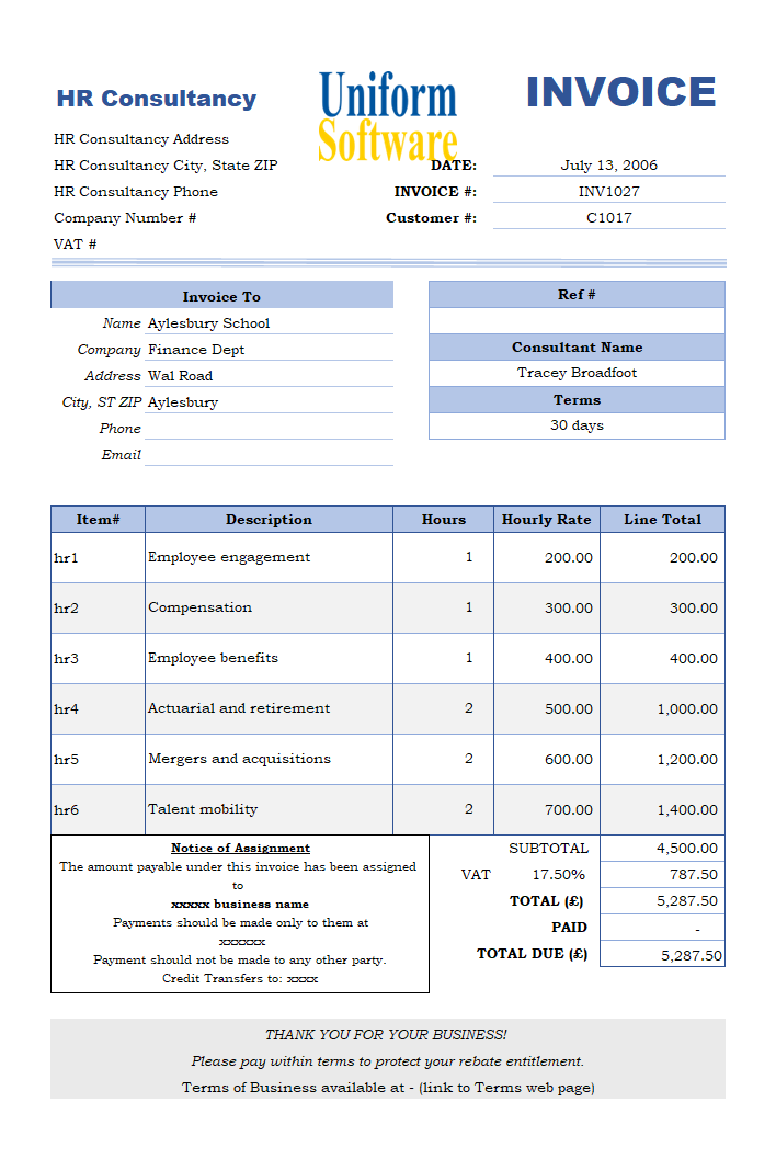 Invoice Format for HR Consultancy