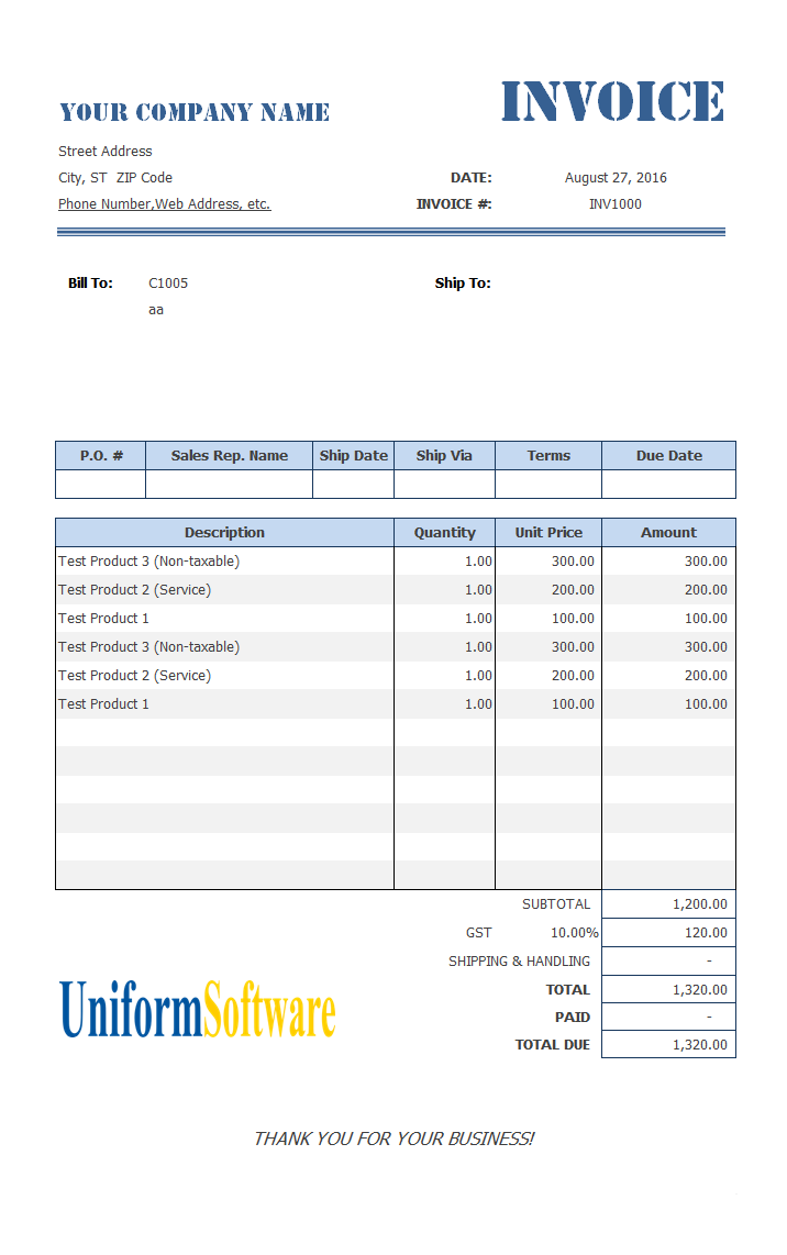 Invoice Template with 4 Columns