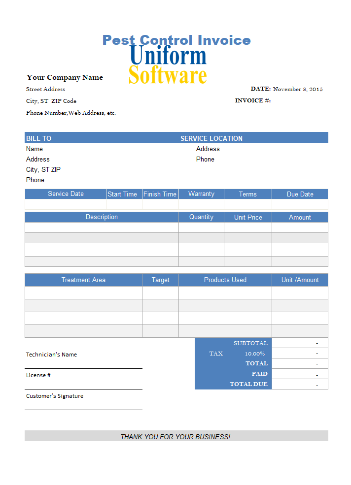 Pest Control Invoice or Work Order