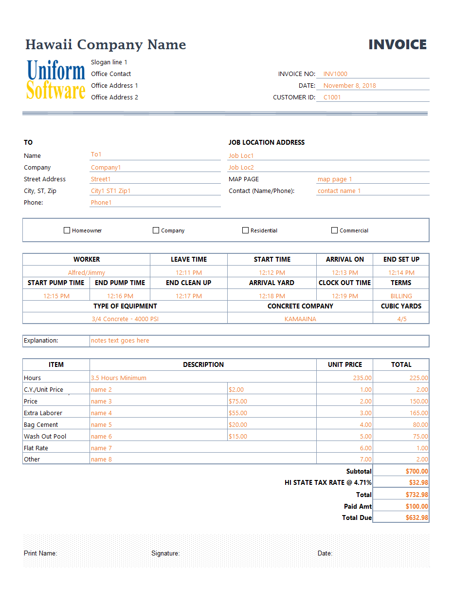 Grout Pump Service Work Order and Invoice