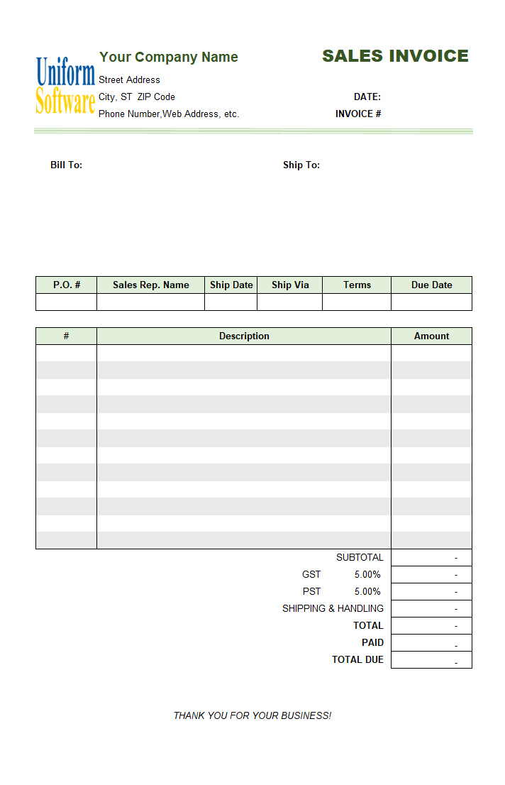 Sales Invoice (3 Columns, 2 Taxes)