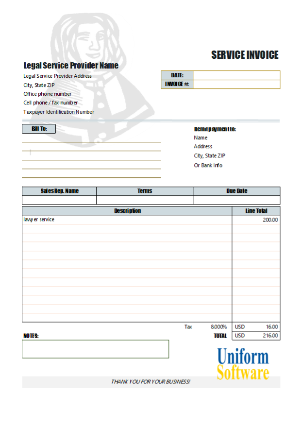 Sample Legal Invoice in Excel for Services Rendered