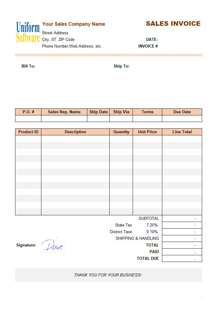 Sample Sales Invoice Template: Using handwritten Signature