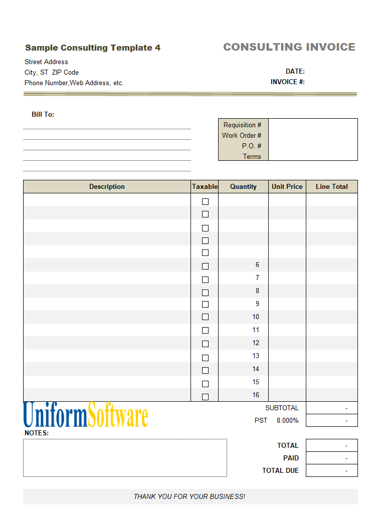 Consulting Invoice Template (4th Sample: Taxable Column)