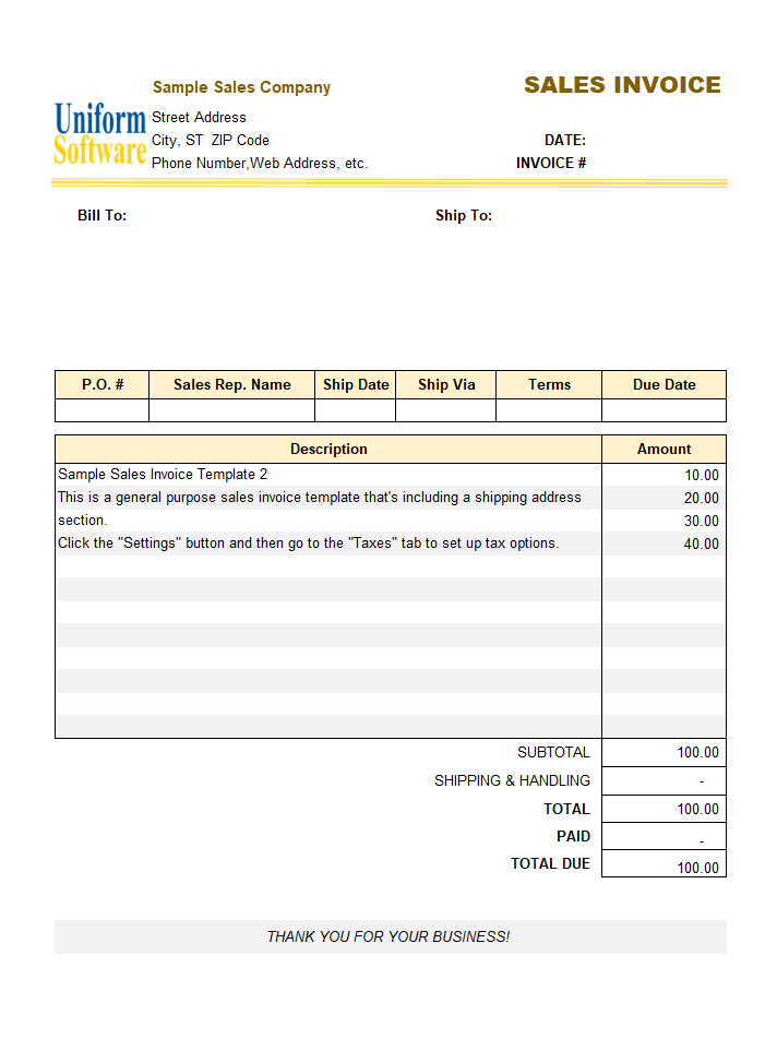 Sample Sales Invoice Template 2