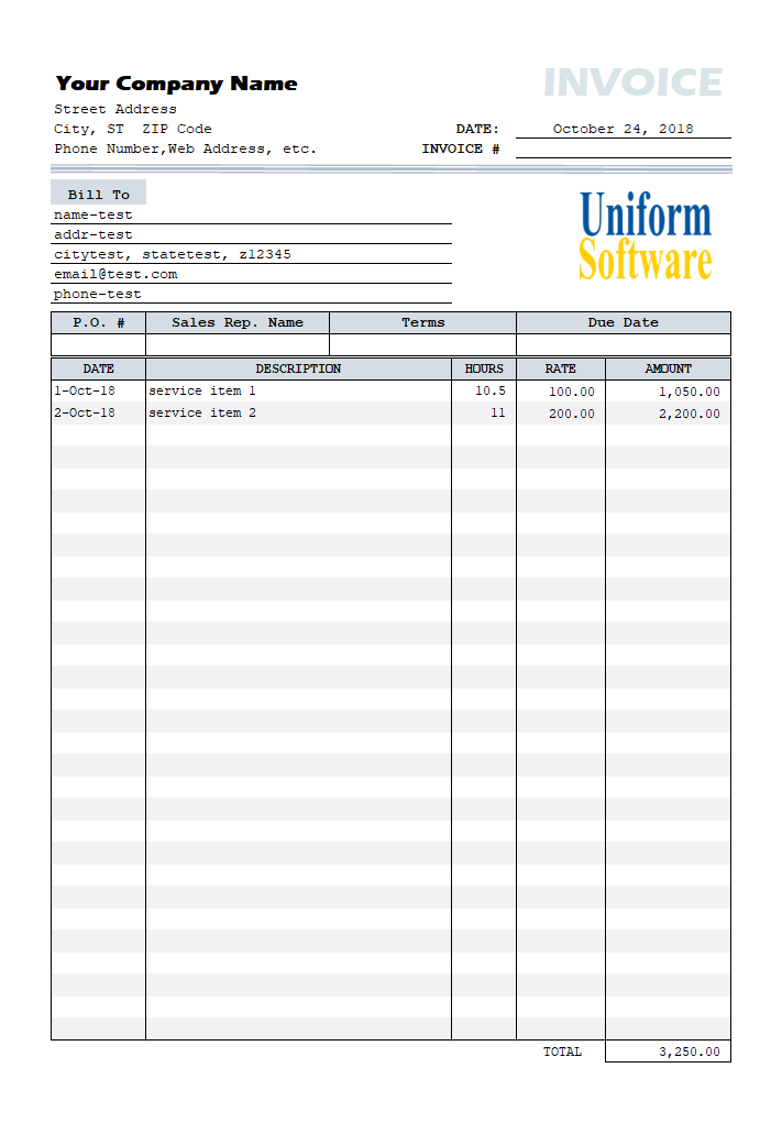 Simple Hourly Rate Service Invoice with Date Column