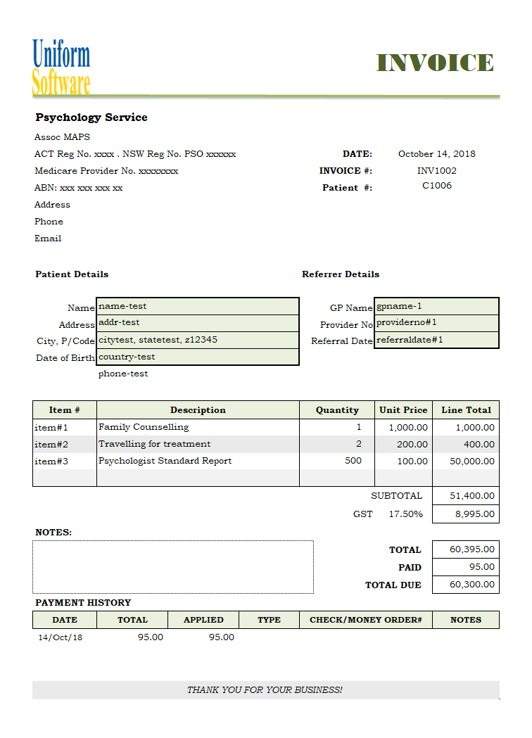 Tax Invoice Template for Psychology Service