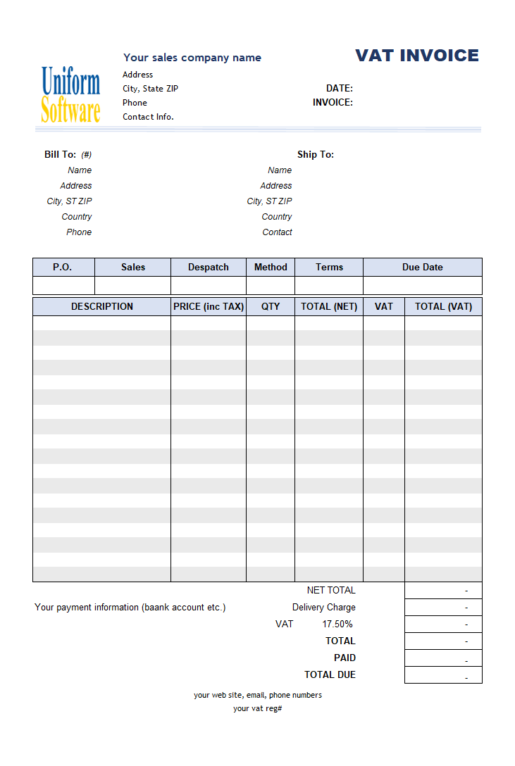 VAT Sales Invoice Template: Price Including Tax