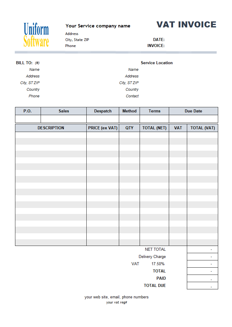 VAT Service Invoice Template: Price Excluding Tax