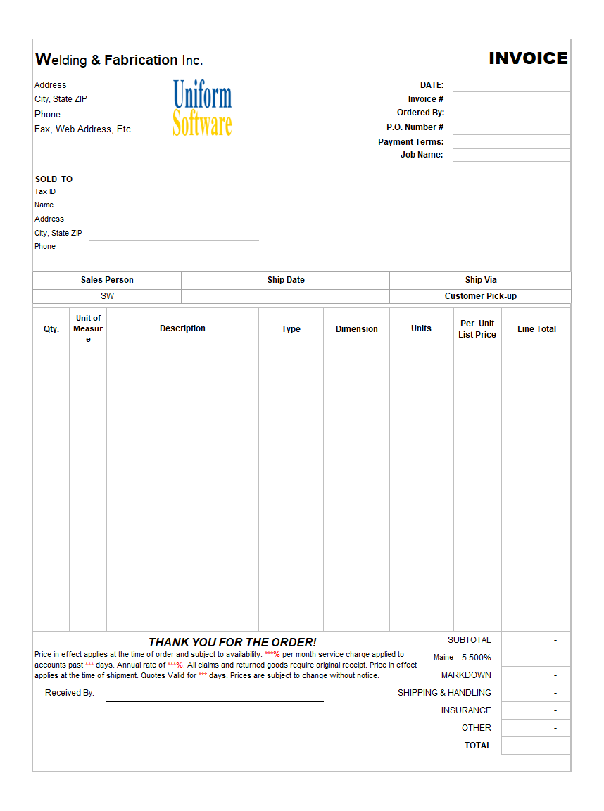 Welding and Fabrication Service Invoice Template