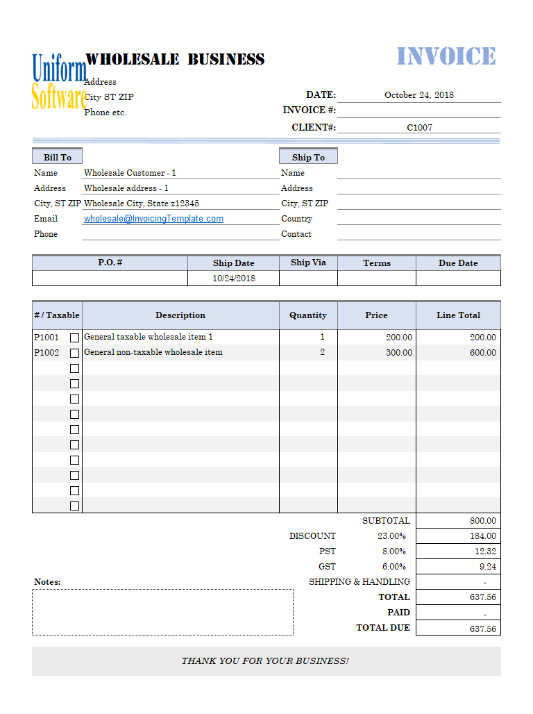 Wholesale Invoice Format with Per-Customer Discount Rate