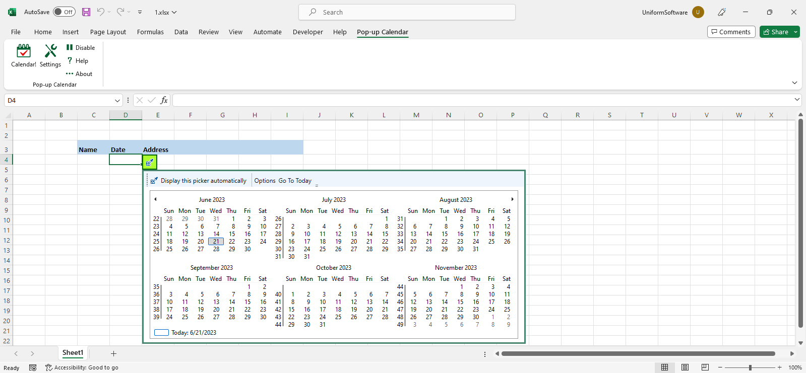 Pop-up Excel Calendar / Excel Date Picke screenshot