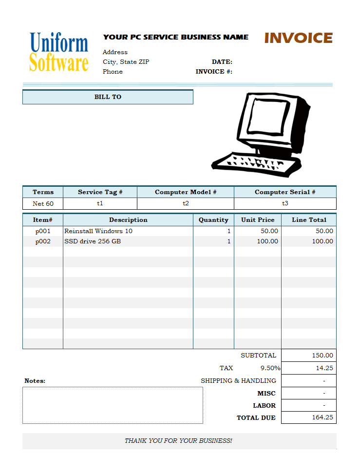 Bill Format for Computer Repair Service