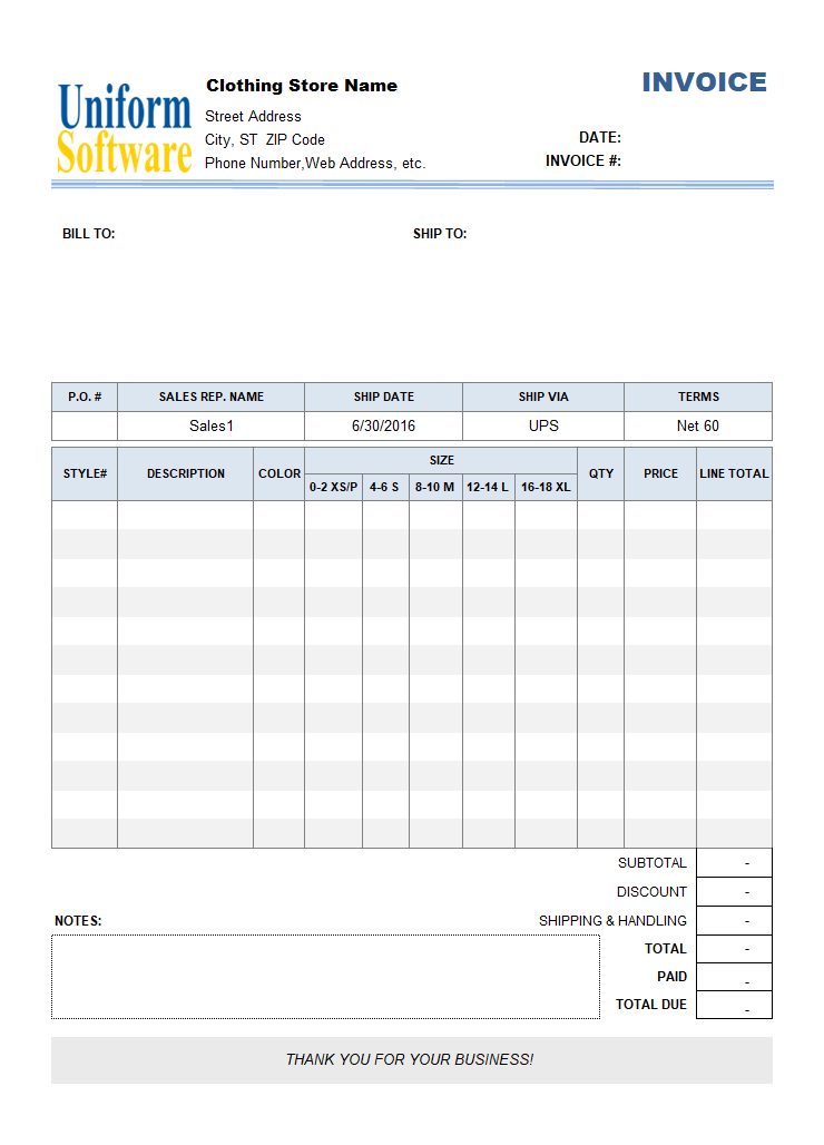 Clothing Store Invoice Template screenshot