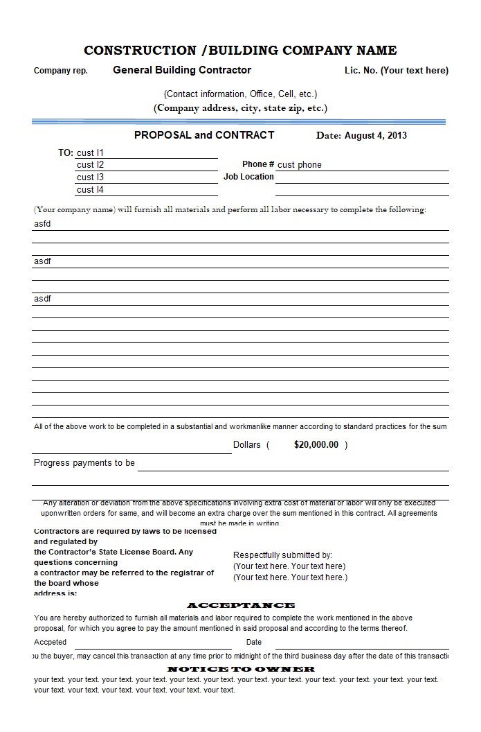 Proposal and Contract Template screenshot