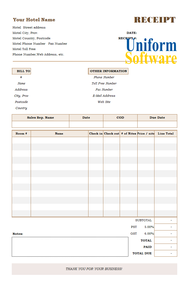 Hotel Receipt Template