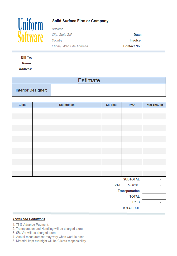Solid Surface Firm Estimate Form screenshot