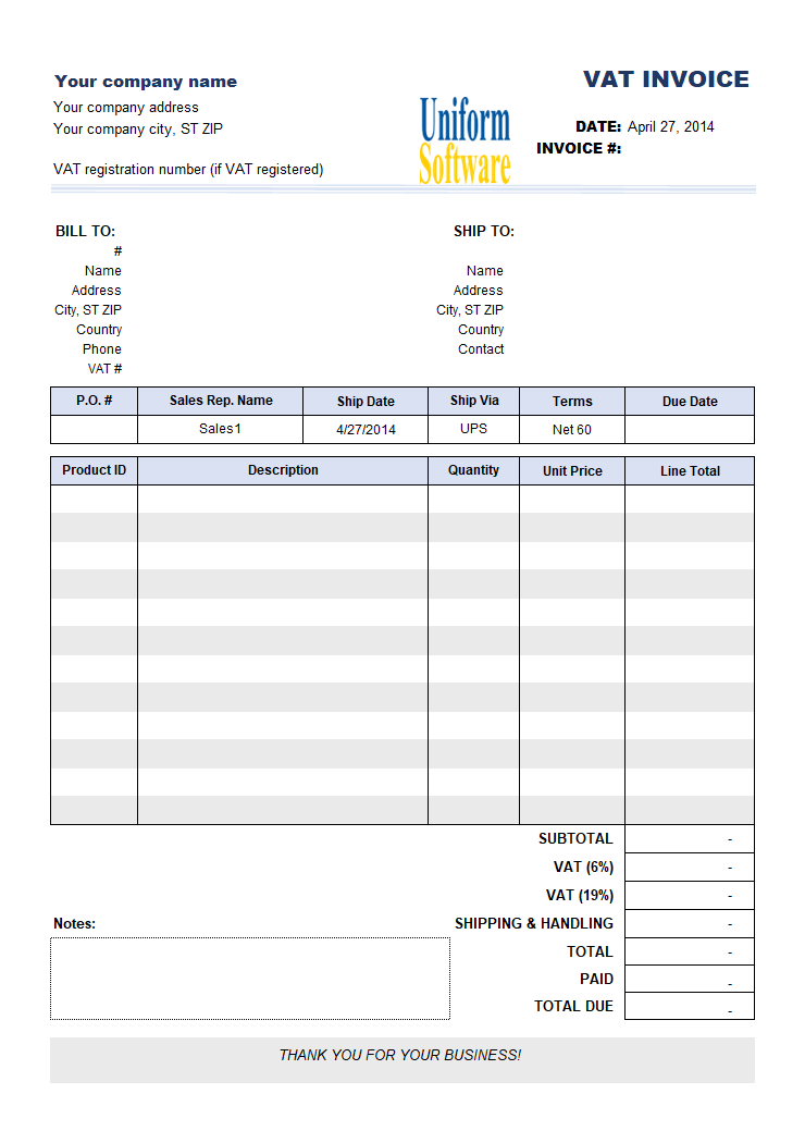 Invoice Template with Two VAT Tax Rates screenshot